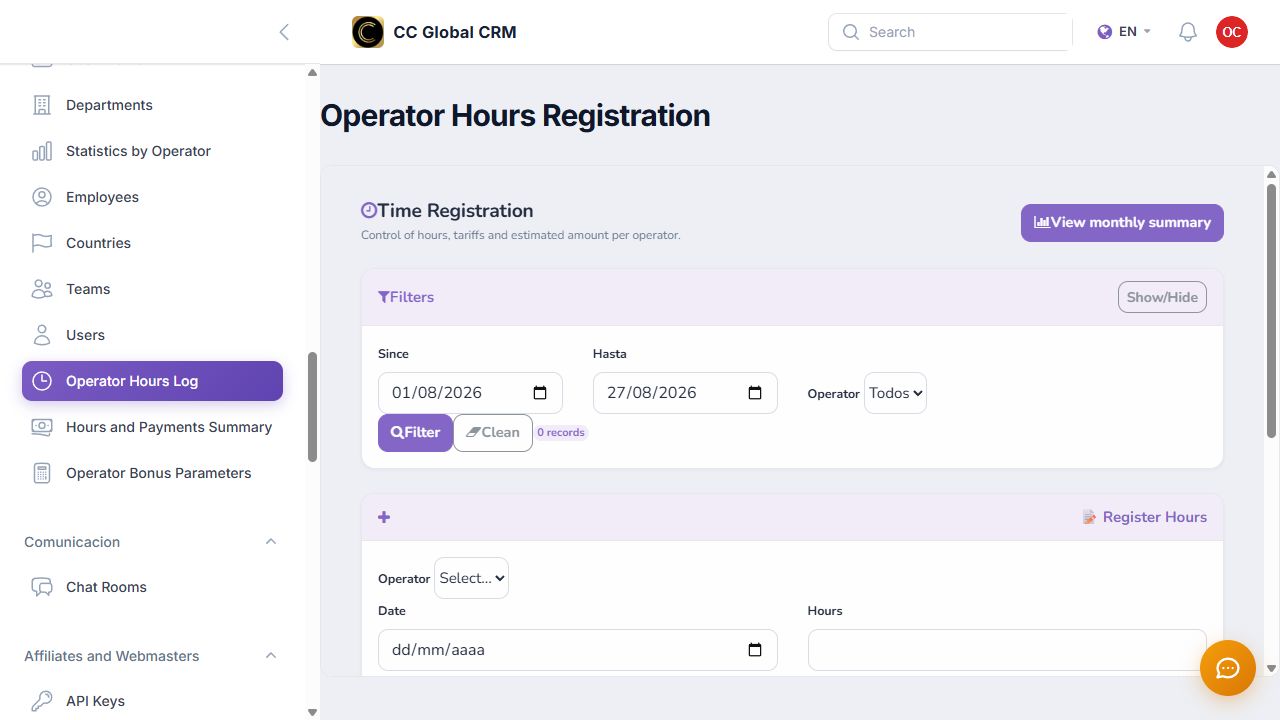 Registrar horas